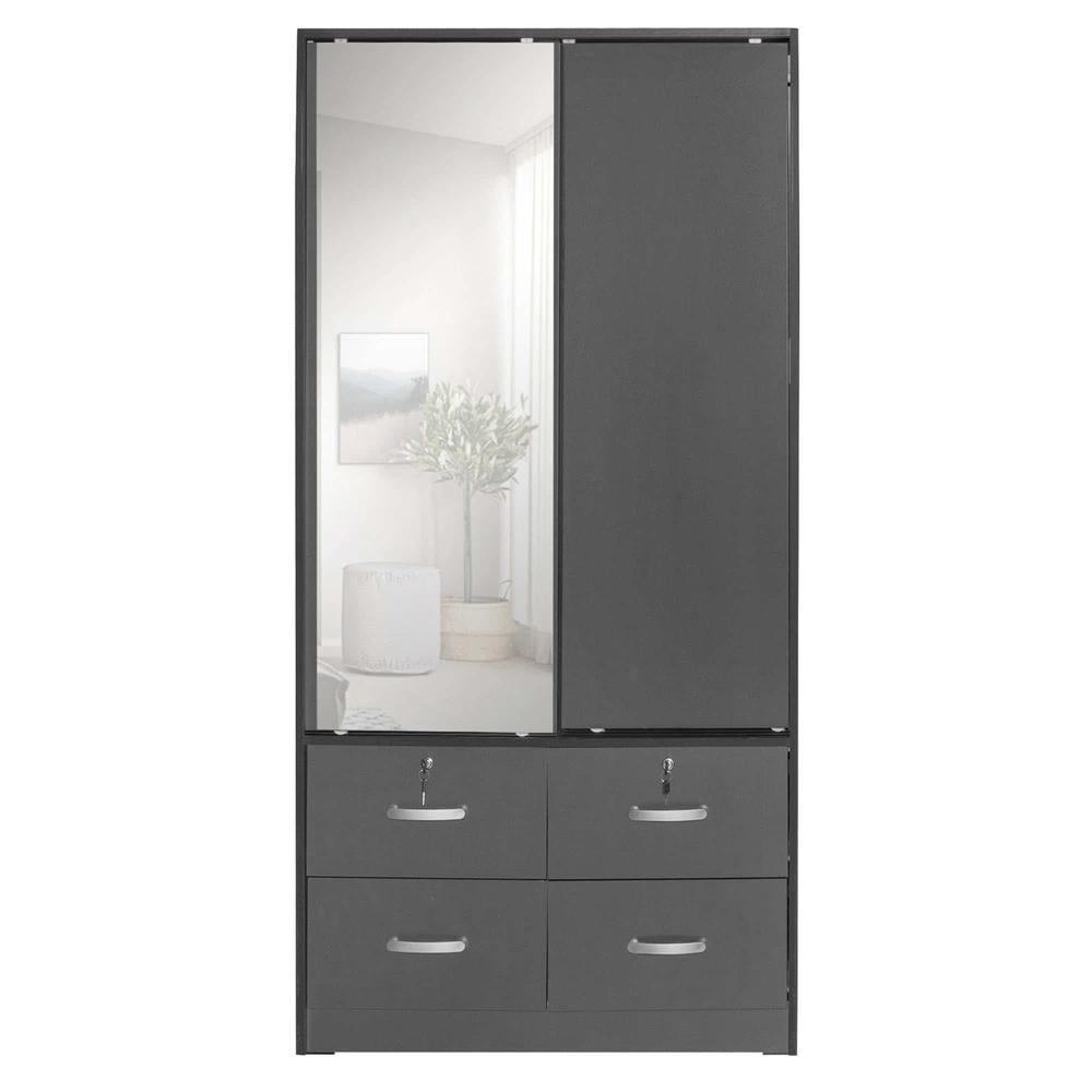 Better Home Products Sarah Double Sliding Door Armoire with Mirror in Dark Gray. Picture 2