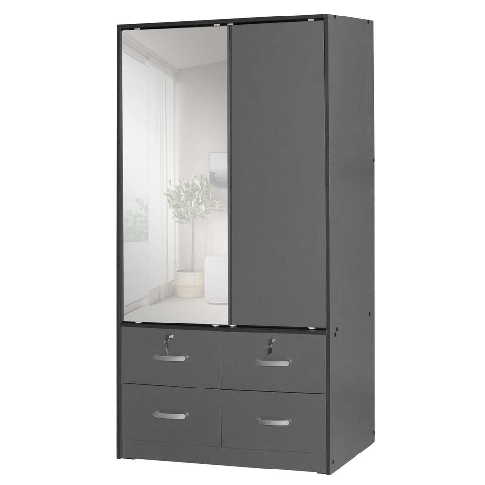Better Home Products Sarah Double Sliding Door Armoire with Mirror in Dark Gray. Picture 3
