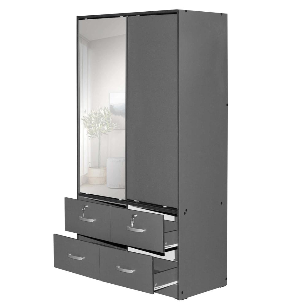 Better Home Products Sarah Double Sliding Door Armoire with Mirror in Dark Gray. Picture 4