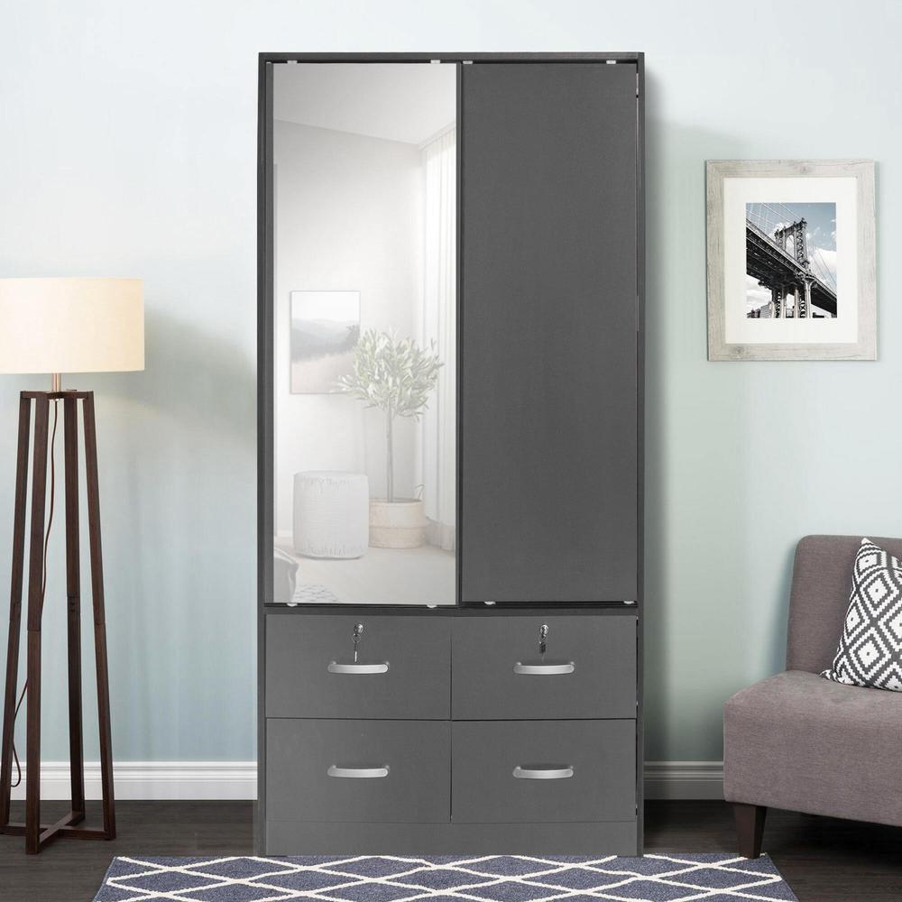 Better Home Products Sarah Double Sliding Door Armoire with Mirror in Dark Gray. Picture 7
