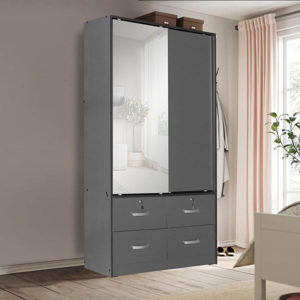 Better Home Products Sarah Double Sliding Door Armoire with Mirror in Dark Gray. Picture 8