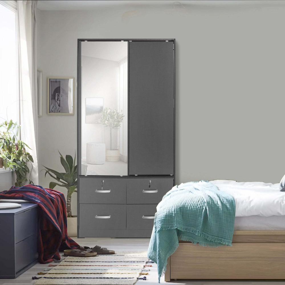 Better Home Products Sarah Double Sliding Door Armoire with Mirror in Dark Gray. Picture 9