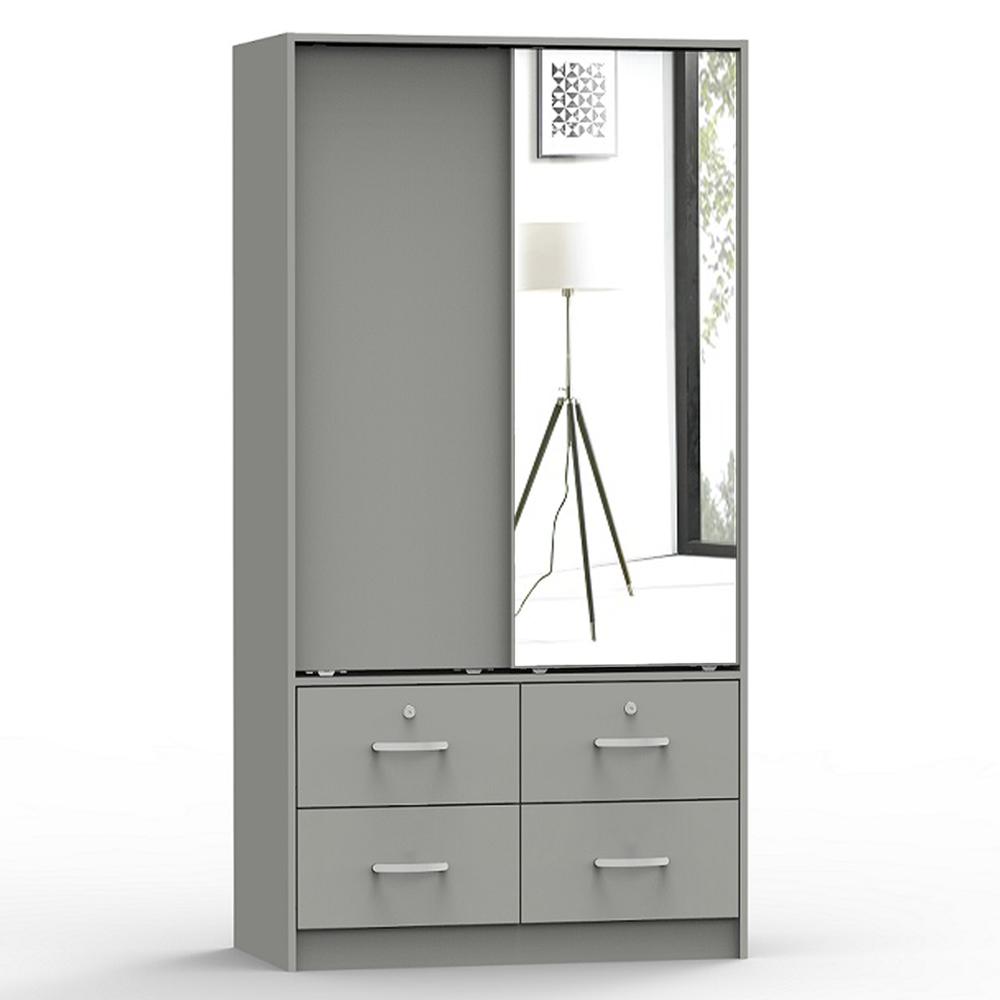 Better Home Products Sarah Double Sliding Door Armoire with Mirror in Light Gray. Picture 1