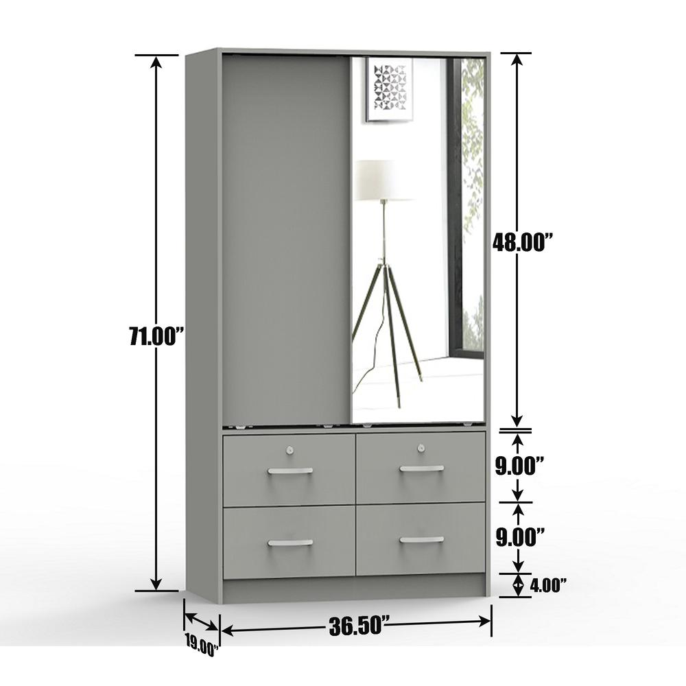 Better Home Products Sarah Double Sliding Door Armoire with Mirror in Light Gray. Picture 2