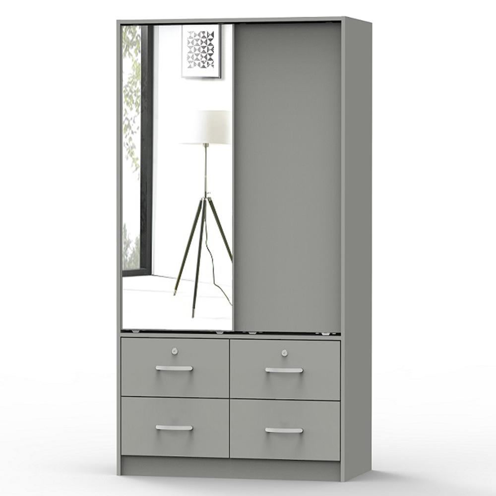 Better Home Products Sarah Double Sliding Door Armoire with Mirror in Light Gray. Picture 3