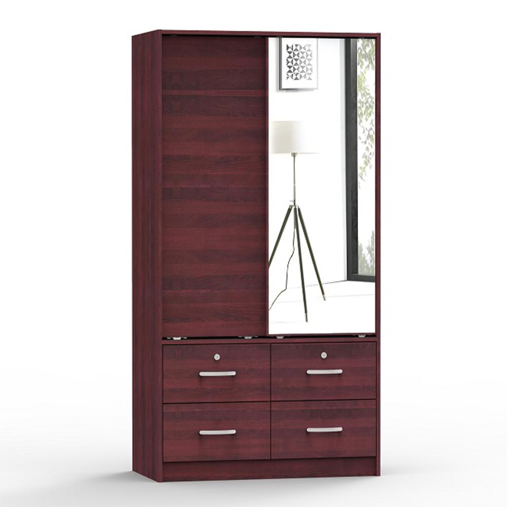 Better Home Products Sarah Double Sliding Door Armoire with Mirror in Mahogany. Picture 1