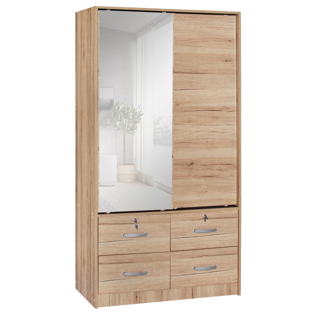 Better Home Products Sarah Double Sliding Door Armoire with Mirror Natural Oak. Picture 1