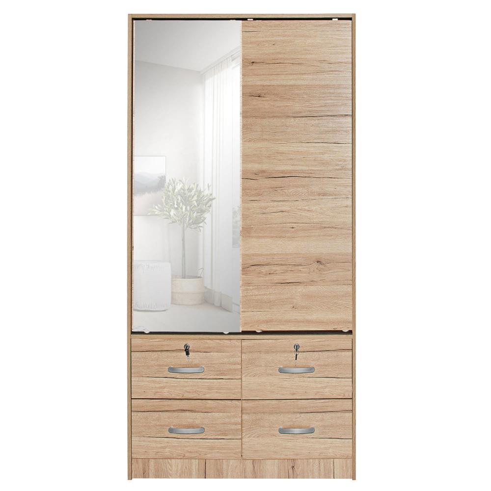 Better Home Products Sarah Double Sliding Door Armoire with Mirror Natural Oak. Picture 2