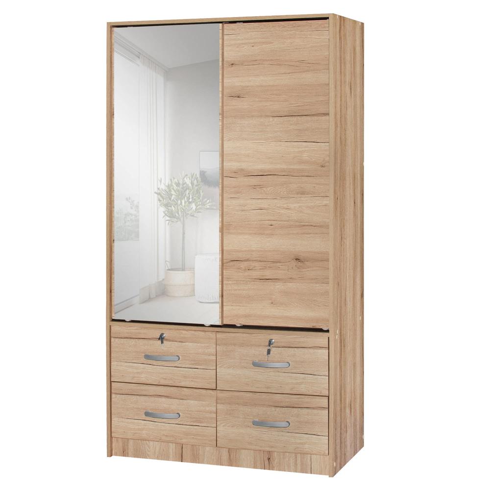 Better Home Products Sarah Double Sliding Door Armoire with Mirror Natural Oak. Picture 3