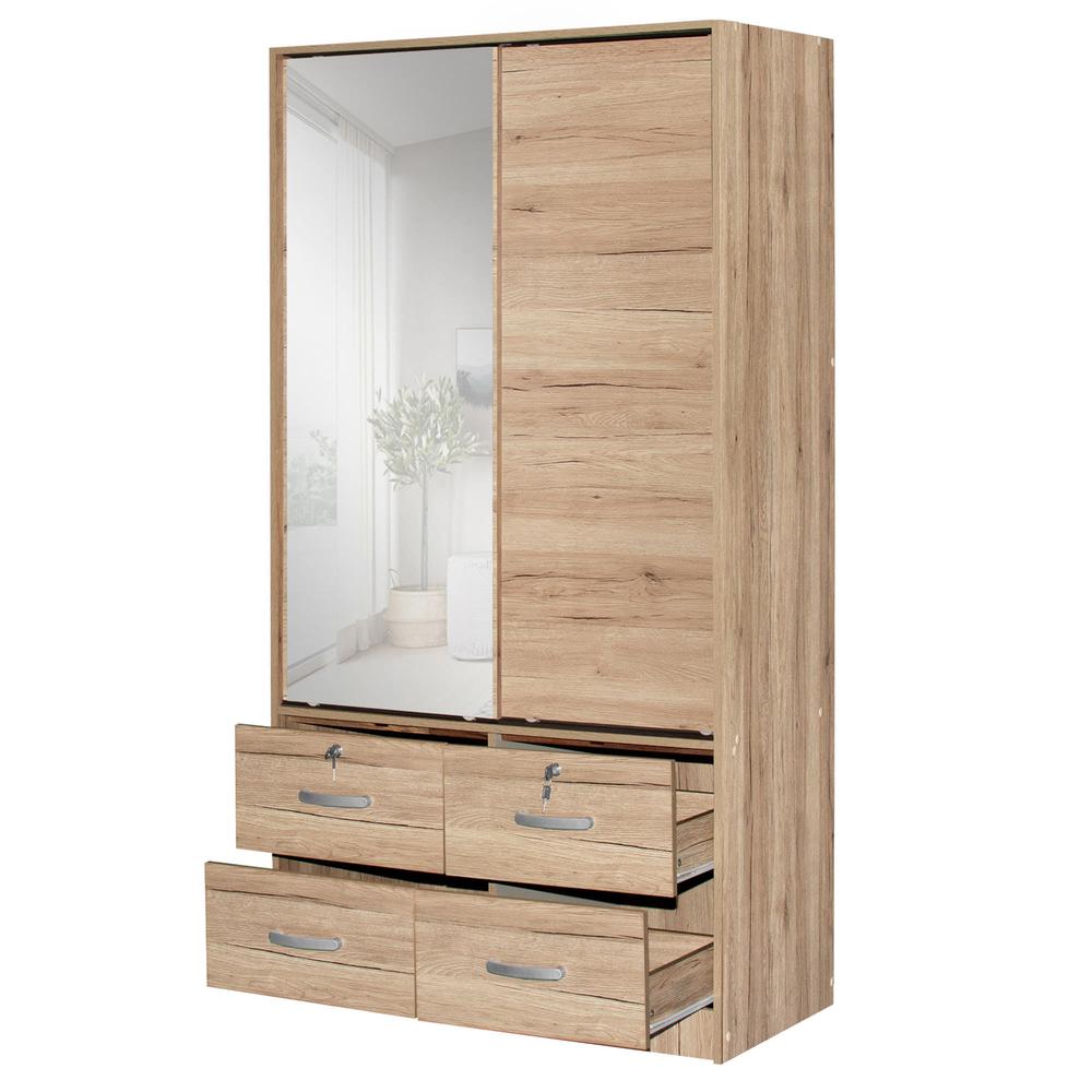 Better Home Products Sarah Double Sliding Door Armoire with Mirror Natural Oak. Picture 4