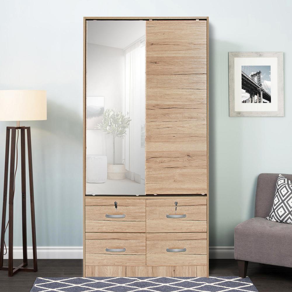 Better Home Products Sarah Double Sliding Door Armoire with Mirror Natural Oak. Picture 7