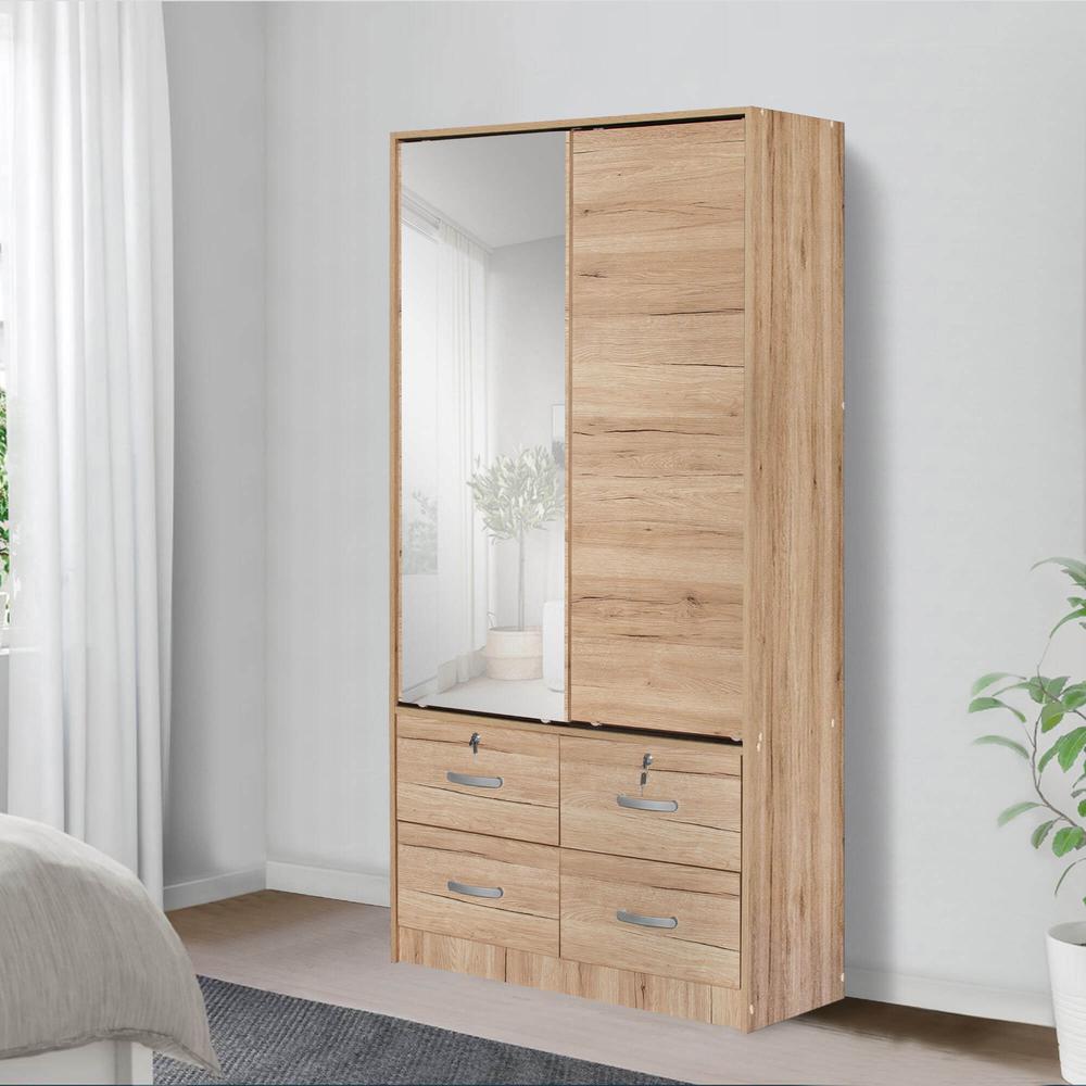 Better Home Products Sarah Double Sliding Door Armoire with Mirror Natural Oak. Picture 8