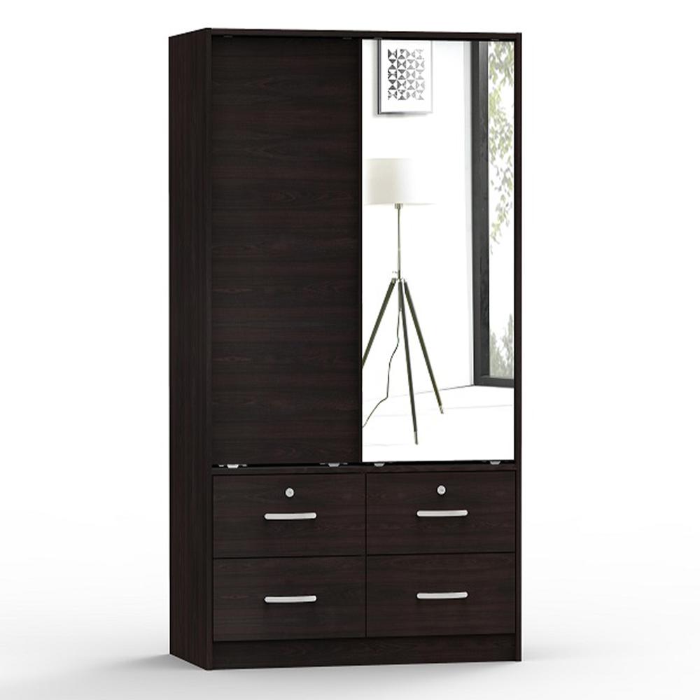 Better Home Products Sarah Double Sliding Door Armoire with Mirror in Tobacco. Picture 1