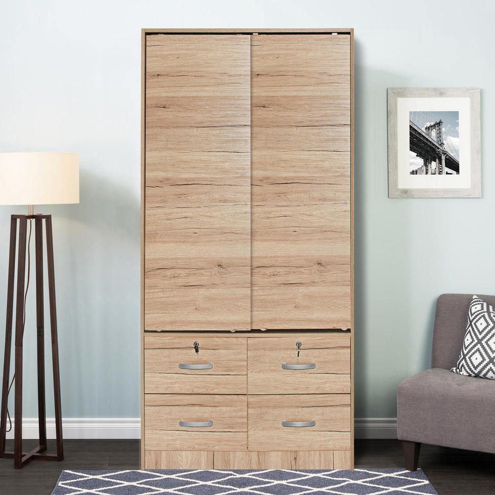 Better Home Products Sarah Modern Wood Double Sliding Door Armoire Natural Oak. Picture 6