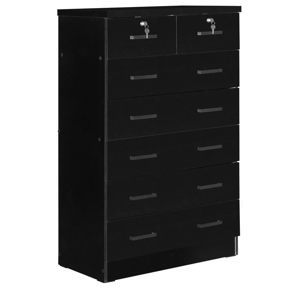 Better Home Products Cindy 7 Drawer Chest Wooden Dresser with Lock in Black. Picture 1