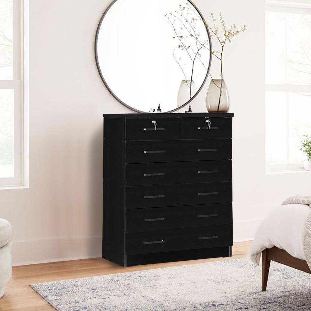 Better Home Products Cindy 7 Drawer Chest Wooden Dresser with Lock in Black. Picture 2