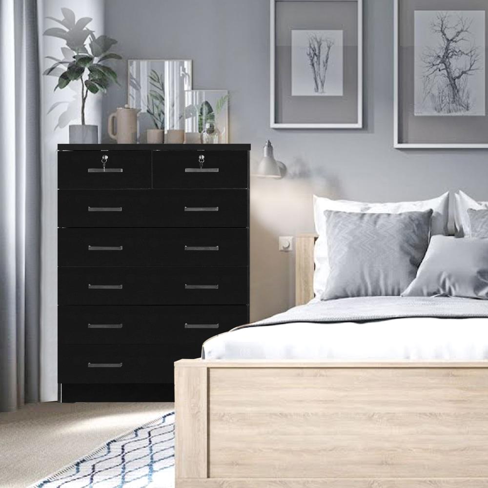 Better Home Products Cindy 7 Drawer Chest Wooden Dresser with Lock in Black. Picture 3