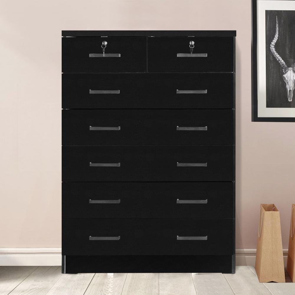 Better Home Products Cindy 7 Drawer Chest Wooden Dresser with Lock in Black. Picture 11