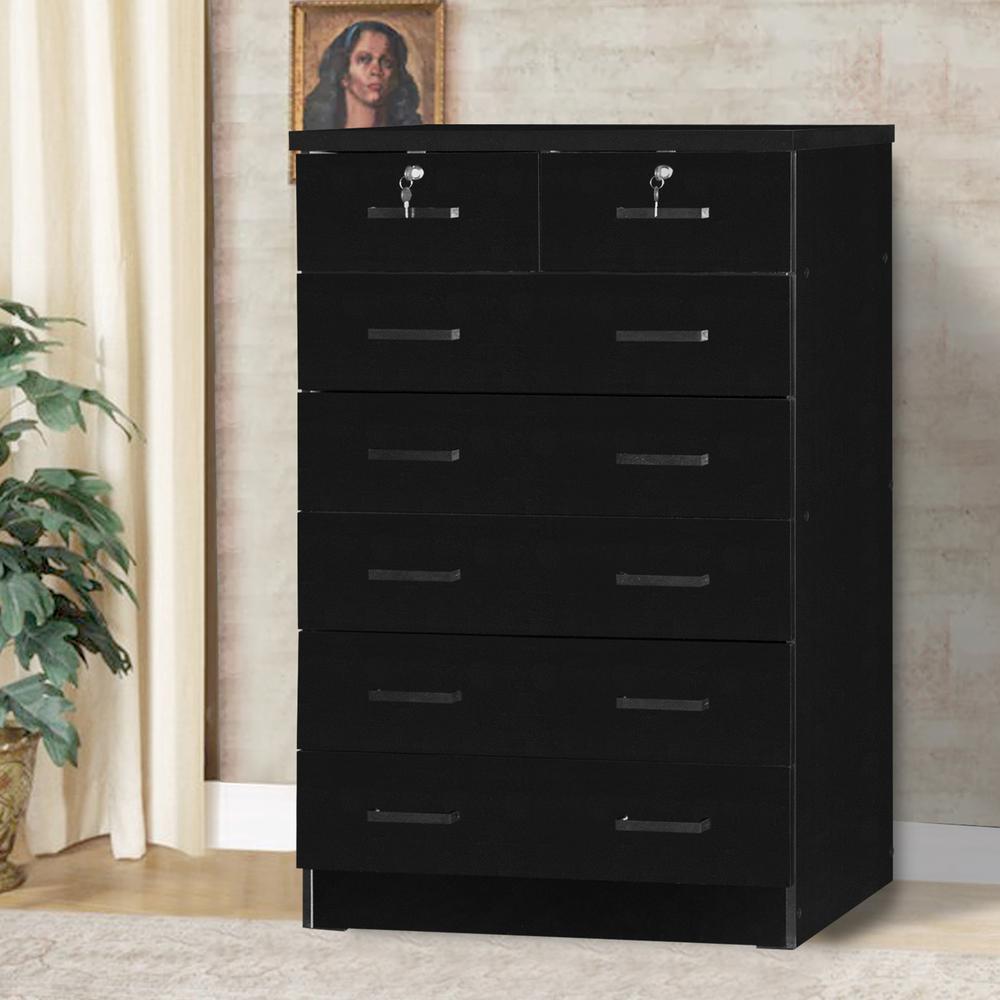 Better Home Products Cindy 7 Drawer Chest Wooden Dresser with Lock in Black. Picture 12