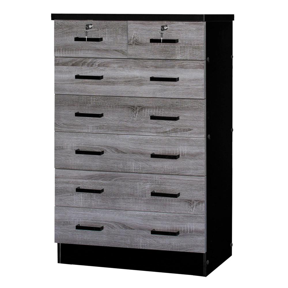 Better Home Products Cindy 7 Drawer Chest Wooden Dresser in Gray & Black. Picture 1