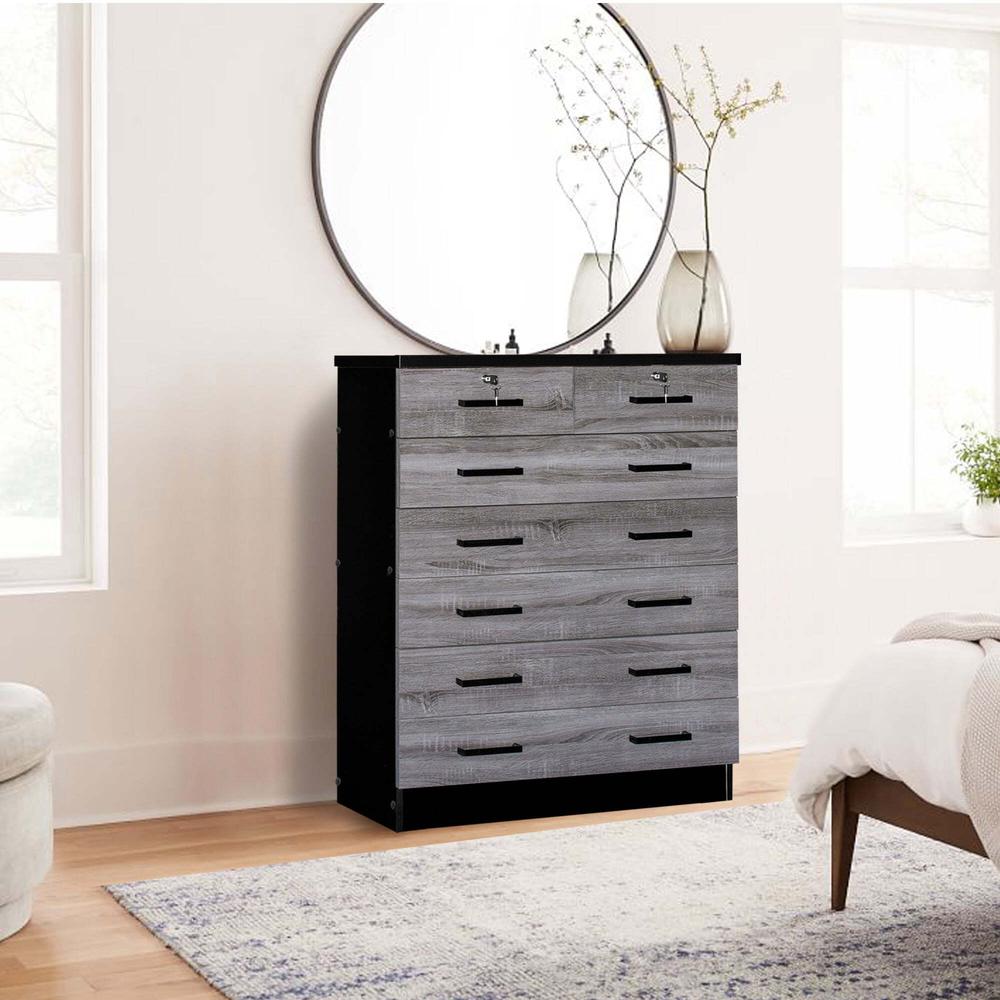 Better Home Products Cindy 7 Drawer Chest Wooden Dresser in Gray & Black. Picture 13