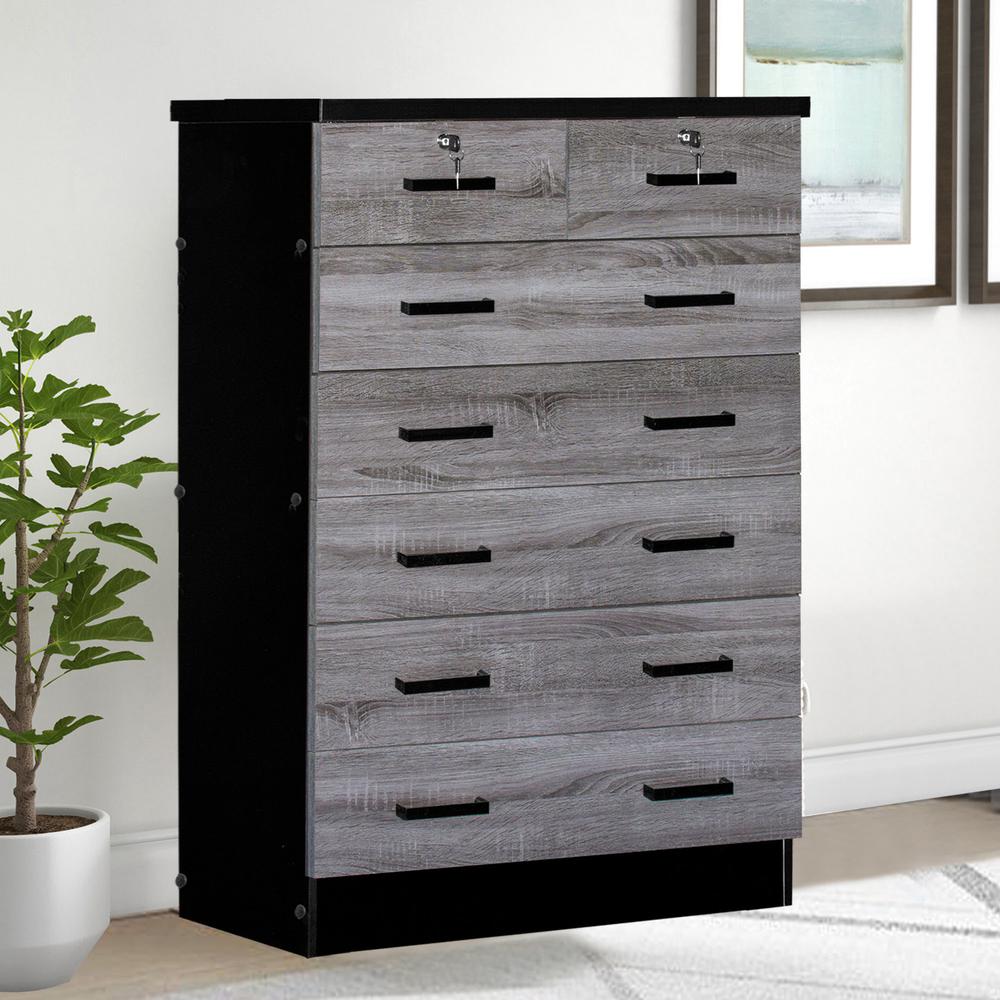 Better Home Products Cindy 7 Drawer Chest Wooden Dresser in Gray & Black. Picture 10