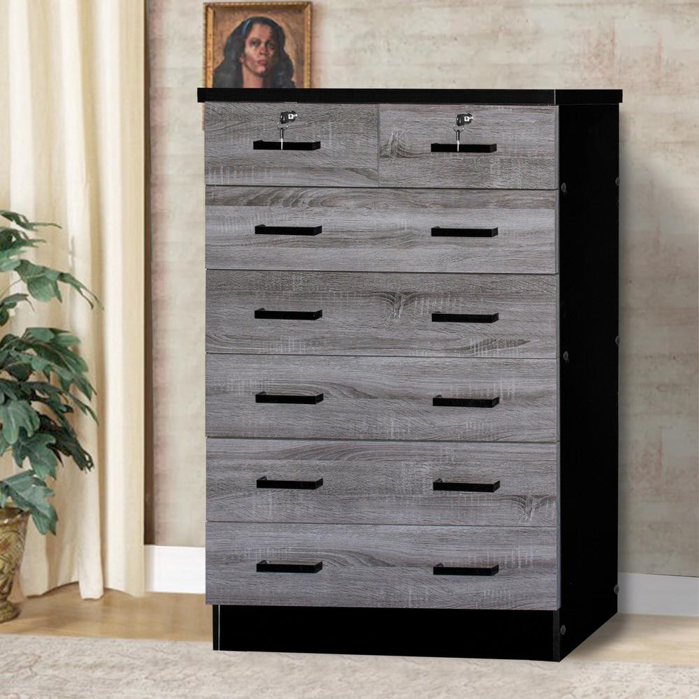 Better Home Products Cindy 7 Drawer Chest Wooden Dresser in Gray & Black. Picture 11