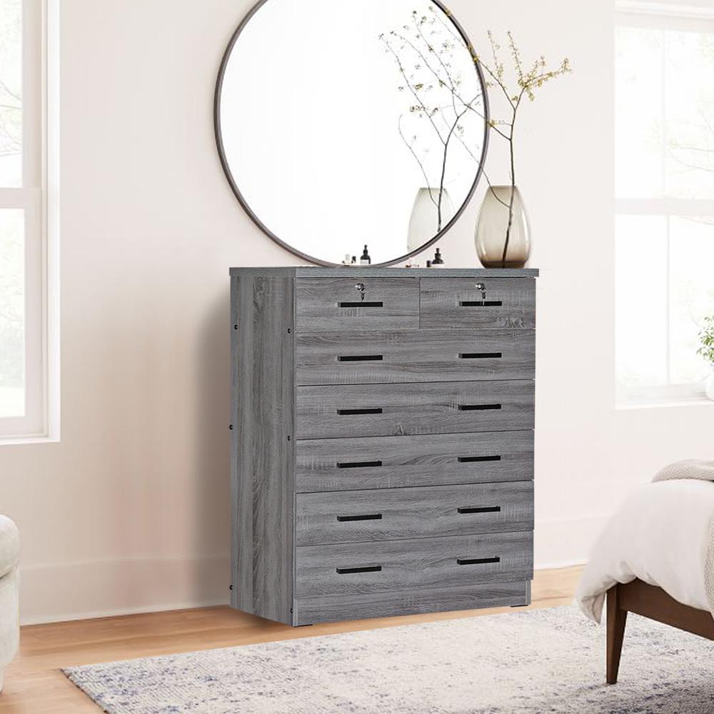 Better Home Products Cindy 7 Drawer Chest Wooden Dresser with Lock in Gray. Picture 2