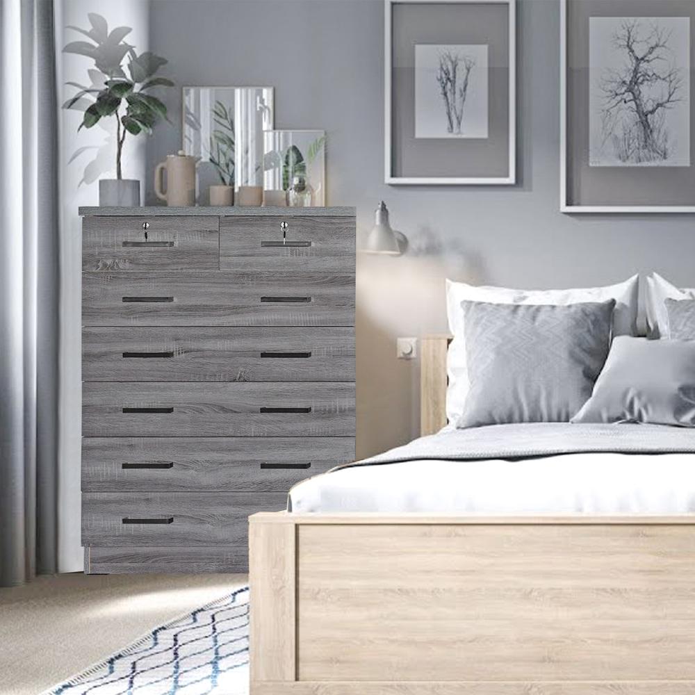 Better Home Products Cindy 7 Drawer Chest Wooden Dresser with Lock in Gray. Picture 3