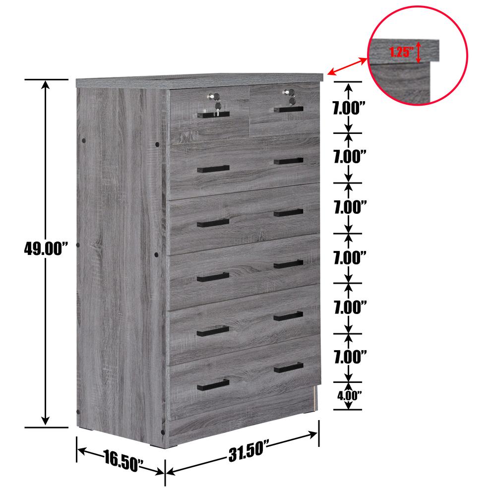 Better Home Products Cindy 7 Drawer Chest Wooden Dresser with Lock in Gray. Picture 5