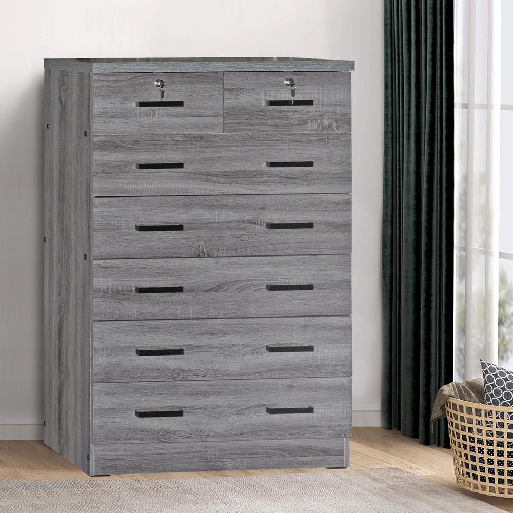 Better Home Products Cindy 7 Drawer Chest Wooden Dresser with Lock in Gray. Picture 12
