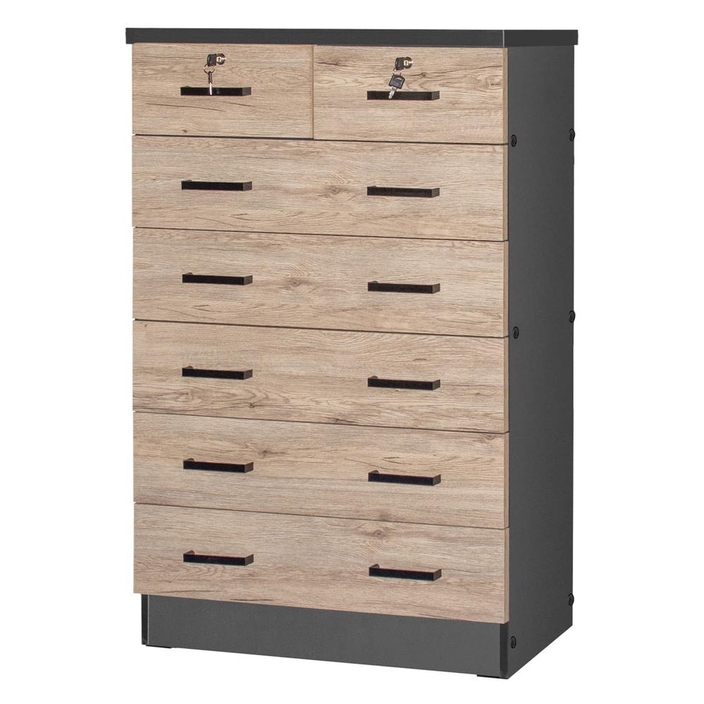 Better Home Products Cindy 7 Drawer Chest Wooden Dresser Natural Oak & Dark Gray. Picture 1