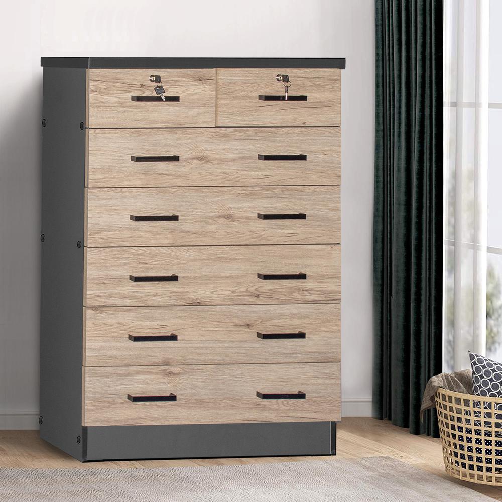Better Home Products Cindy 7 Drawer Chest Wooden Dresser Natural Oak & Dark Gray. Picture 7