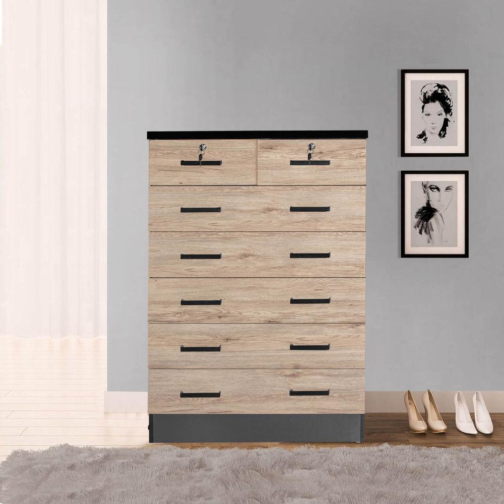 Better Home Products Cindy 7 Drawer Chest Wooden Dresser Natural Oak & Dark Gray. Picture 8