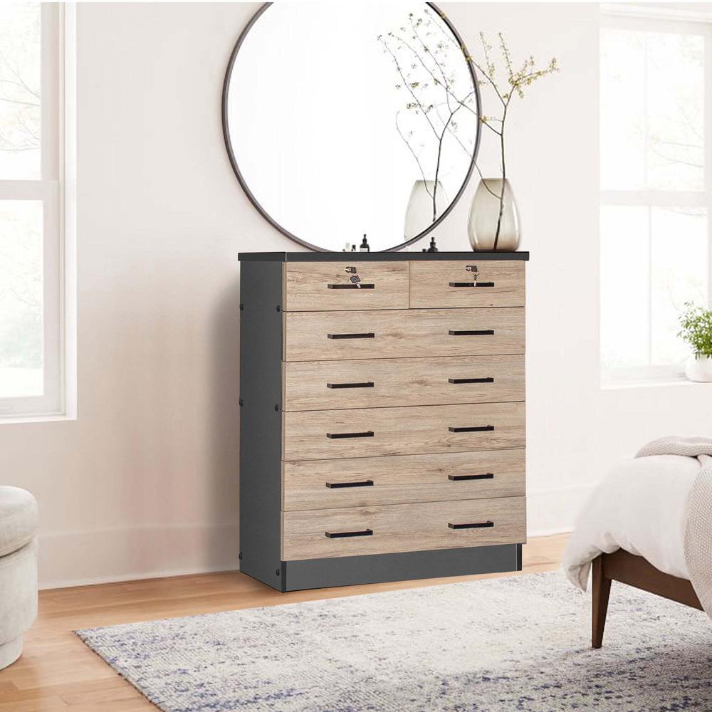 Better Home Products Cindy 7 Drawer Chest Wooden Dresser Natural Oak & Dark Gray. Picture 10
