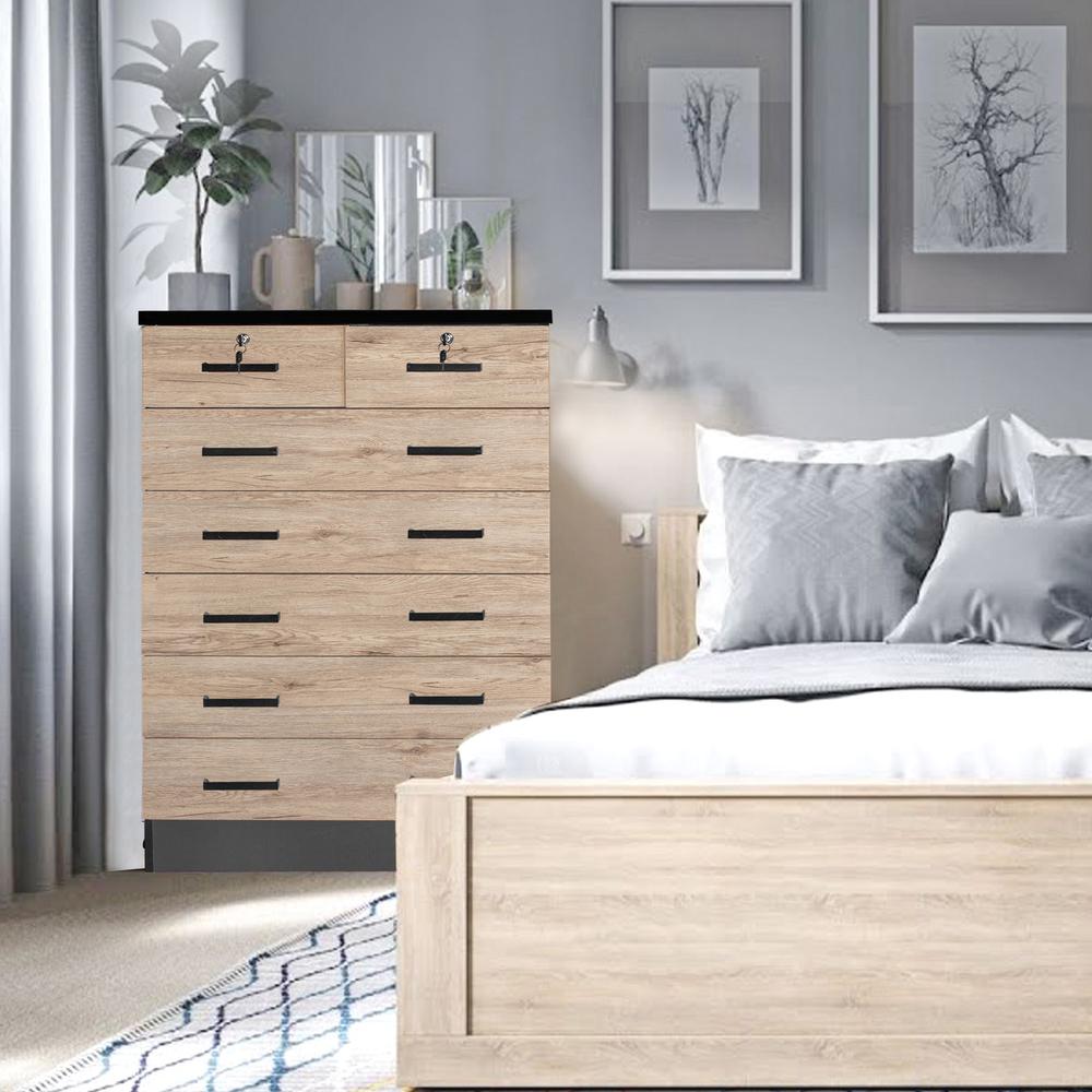 Better Home Products Cindy 7 Drawer Chest Wooden Dresser Natural Oak & Dark Gray. Picture 14