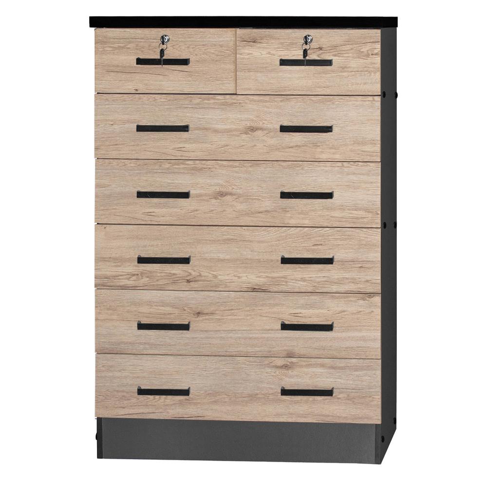 Better Home Products Cindy 7 Drawer Chest Wooden Dresser Natural Oak & Dark Gray. Picture 2