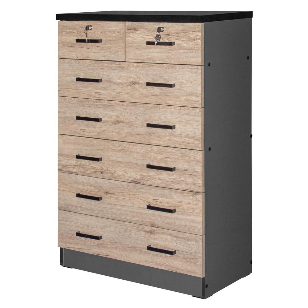 Better Home Products Cindy 7 Drawer Chest Wooden Dresser Natural Oak & Dark Gray. Picture 3