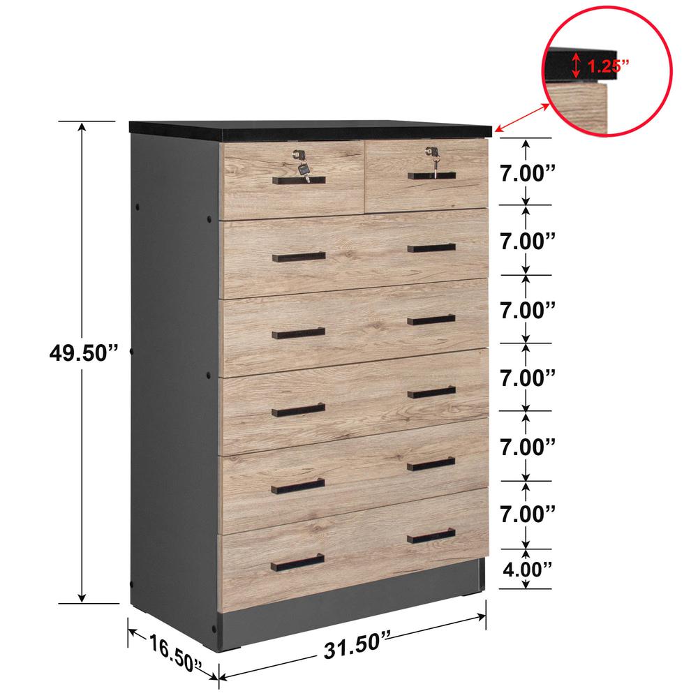 Better Home Products Cindy 7 Drawer Chest Wooden Dresser Natural Oak & Dark Gray. Picture 11