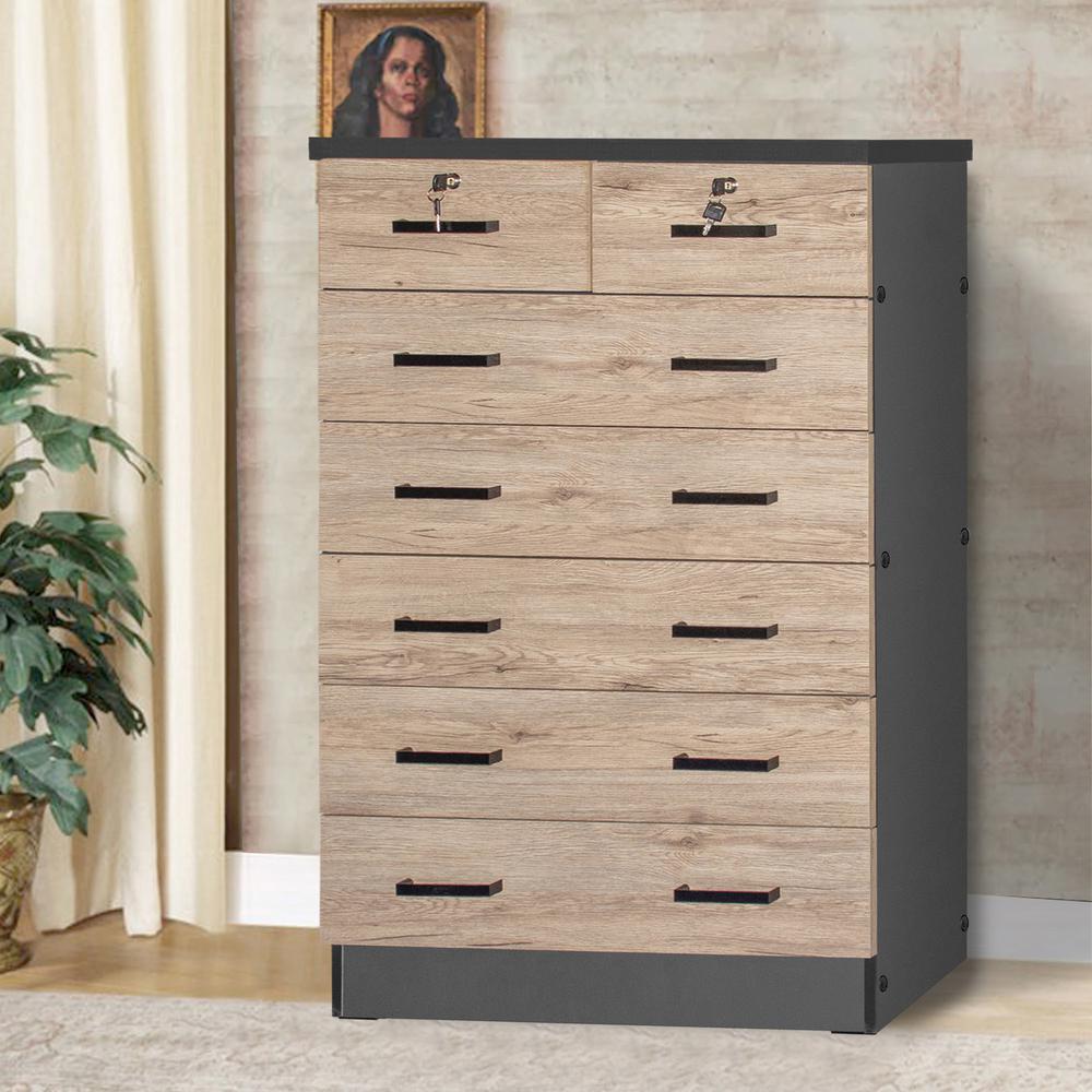 Better Home Products Cindy 7 Drawer Chest Wooden Dresser Natural Oak & Dark Gray. Picture 6