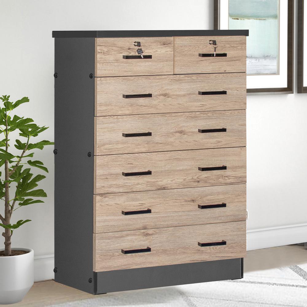 Better Home Products Cindy 7 Drawer Chest Wooden Dresser Natural Oak & Dark Gray. Picture 12