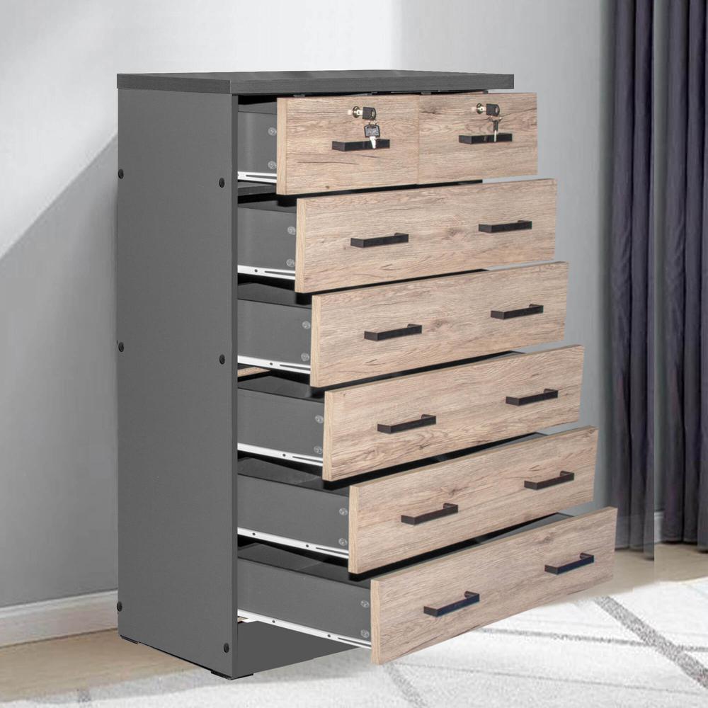 Better Home Products Cindy 7 Drawer Chest Wooden Dresser Natural Oak & Dark Gray. Picture 13
