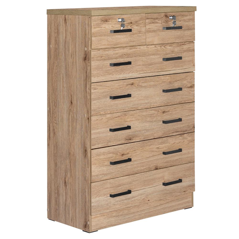 Better Home Products Cindy 7 Drawer Chest Wooden Dresser with Lock - Natural Oak. Picture 1