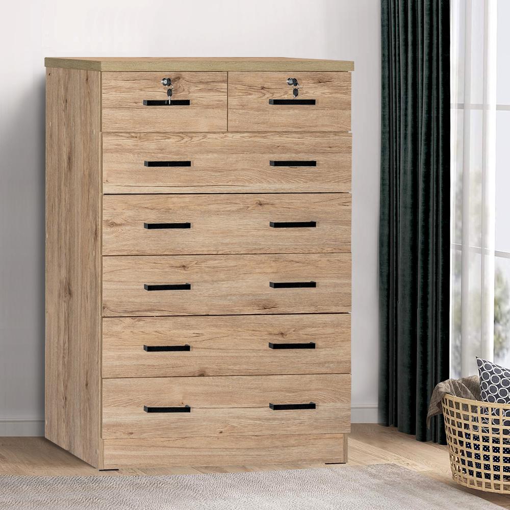 Better Home Products Cindy 7 Drawer Chest Wooden Dresser with Lock - Natural Oak. Picture 9