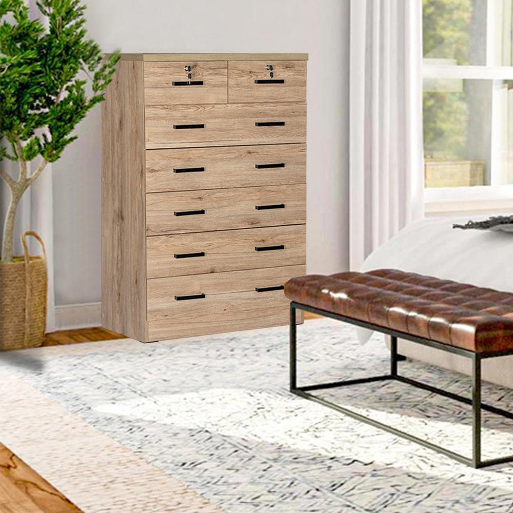Better Home Products Cindy 7 Drawer Chest Wooden Dresser with Lock - Natural Oak. Picture 10