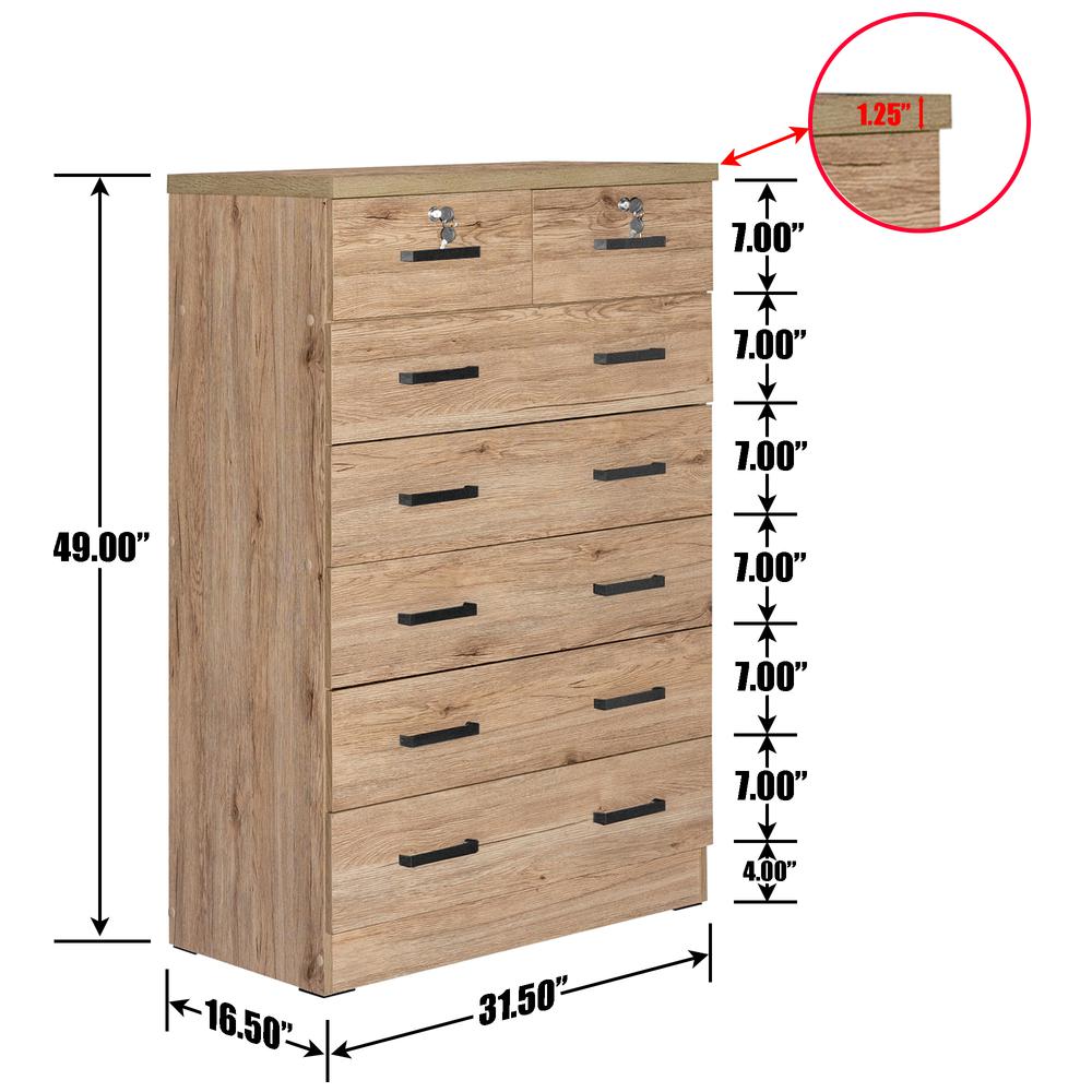 Better Home Products Cindy 7 Drawer Chest Wooden Dresser with Lock - Natural Oak. Picture 5