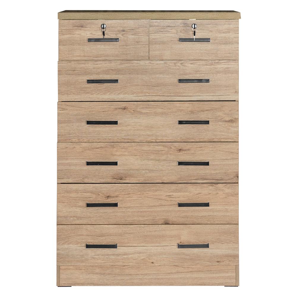 Better Home Products Cindy 7 Drawer Chest Wooden Dresser with Lock - Natural Oak. Picture 2