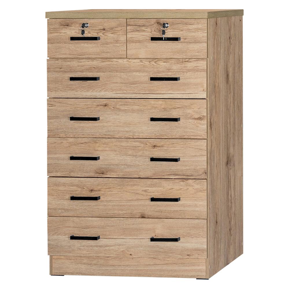 Better Home Products Cindy 7 Drawer Chest Wooden Dresser with Lock - Natural Oak. Picture 3