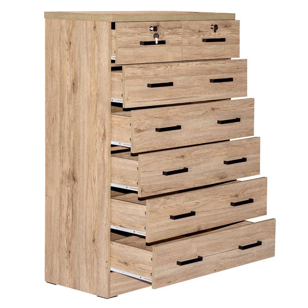 Better Home Products Cindy 7 Drawer Chest Wooden Dresser with Lock - Natural Oak. Picture 4