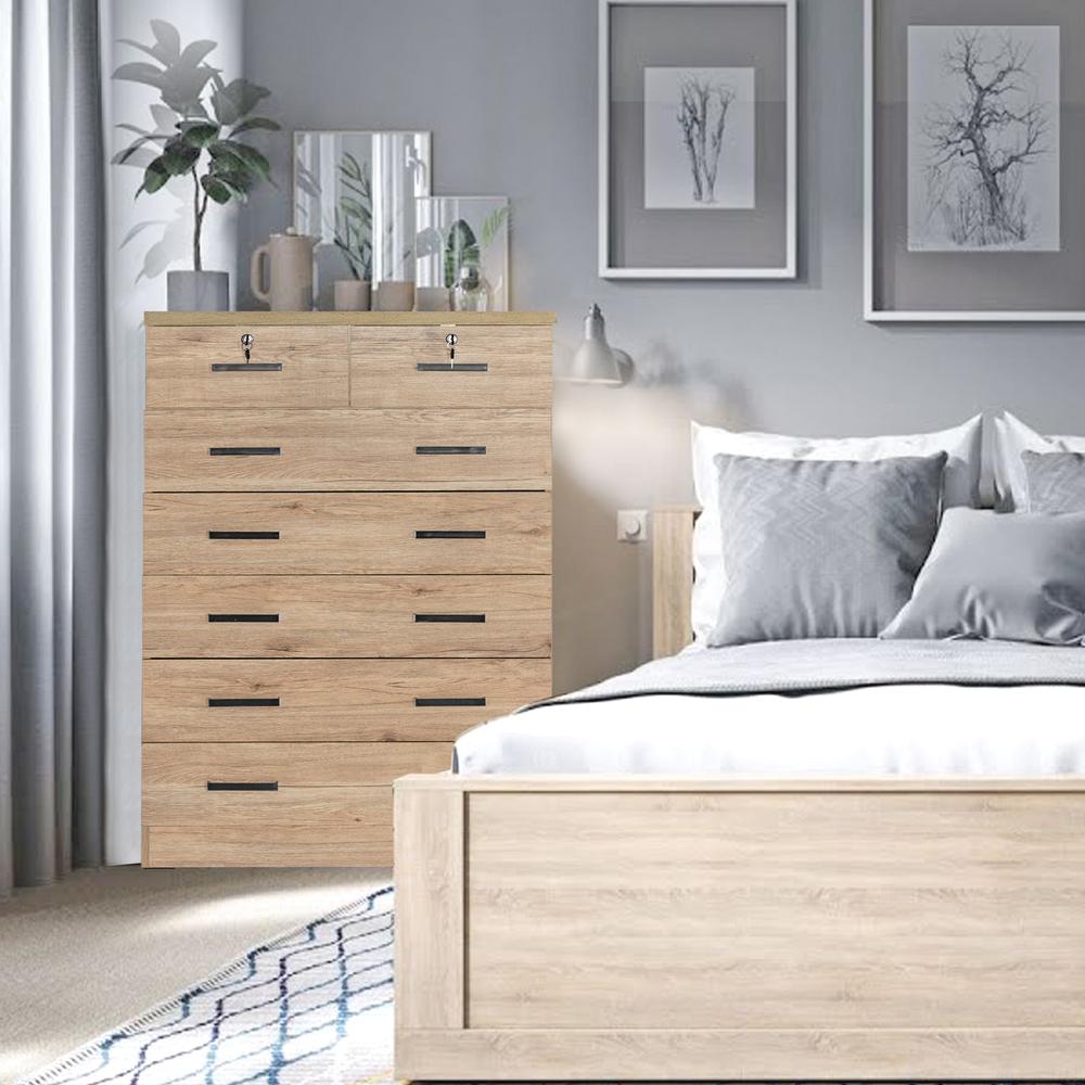 Better Home Products Cindy 7 Drawer Chest Wooden Dresser with Lock - Natural Oak. Picture 12